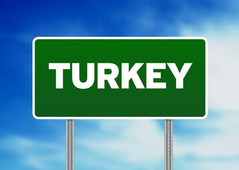 Green Turkey highway sign on Cloud Background.
