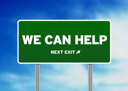 Green we can help highway sign on Cloud Background.