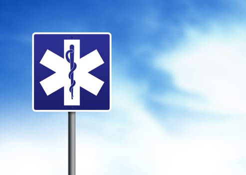 Ambulance, caduceus road sign on cloud background.