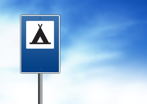 Blue campground road sign on cloud background.