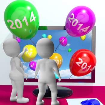 Balloons From Computer Represents Year Two Thousand And Fourteen