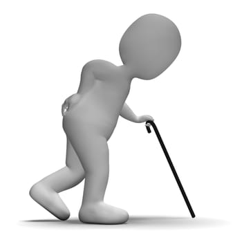 Old Man With Walking Stick Shows Aged 3d Character