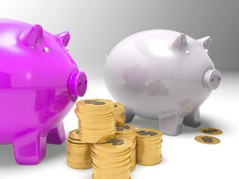 Piggybanks And Coins Showing American Earnings And Loses