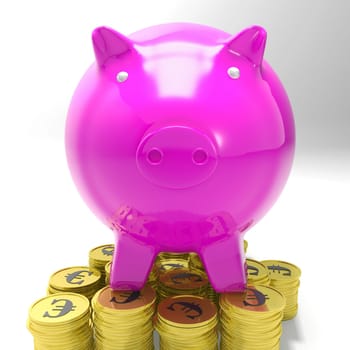 Piggybank On Coins Shows European Currency And Wealth