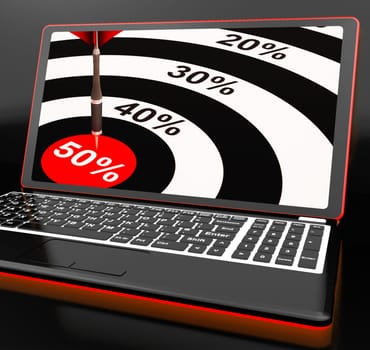 50Percent On Laptop Showing Big Promotions Or Cheap Products