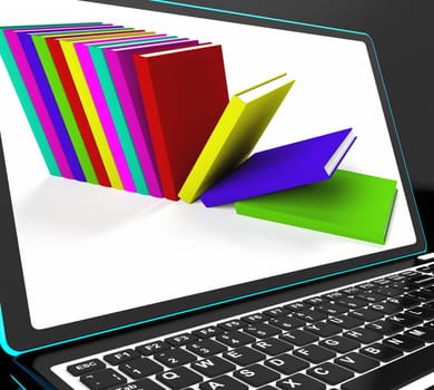 Books On Laptop Shows Bookshelf Or Literature