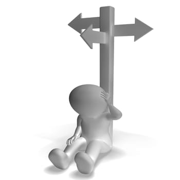 Signpost And 3d Man Shows Confusion And Decision