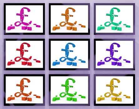 Pound Symbols On Monitors Showing Britain Finances And Wealth