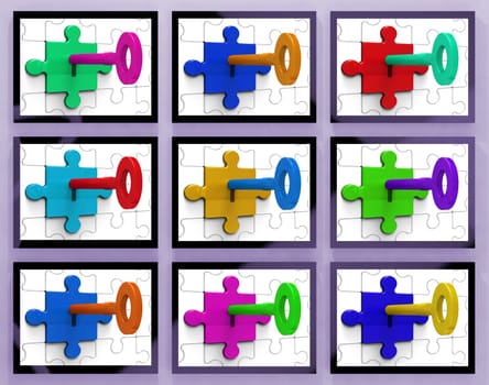 Keys In Locks On Monitors Showing Secrecy And Hidden Secrets