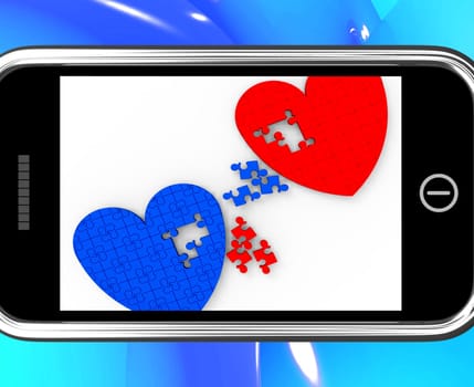 Two Hearts On Smartphone Shows Marriage And Wedding