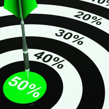 50Percent On Dartboard Showing Price Clearances Or Cheap Products