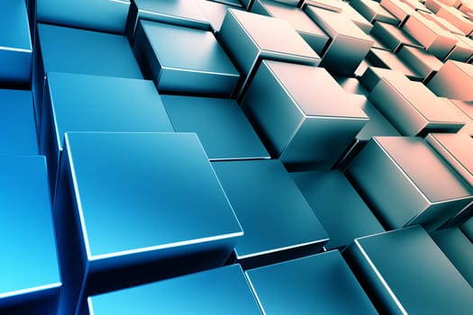 Blue metal cubes with back light, abstract background, 3d render