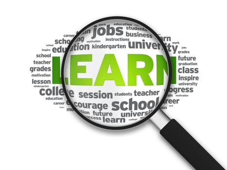 Magnified illustration with the word learn on white background.