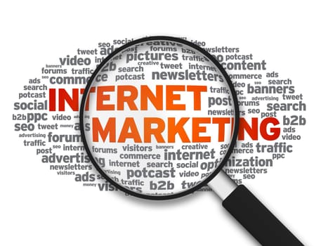 Magnifying glass with a internet marketing cloud on white background.