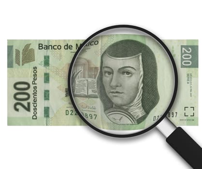 Magnifying Glass with 200 Pesos Note on white background