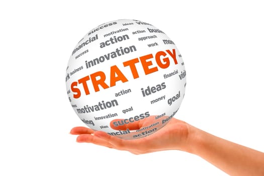 Hand holding a Strategy 3D Sphere sign on white background.