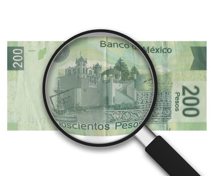 Magnifying Glass with 200 Pesos Note on white background