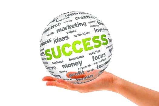 Hand holding a Success 3D Sphere sign on white background.