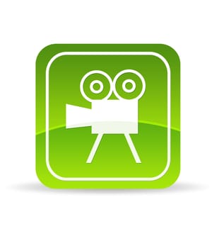 High resolution green video film camera icon on white background.