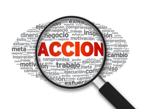 Magnified illustration with the word Accion on white background.