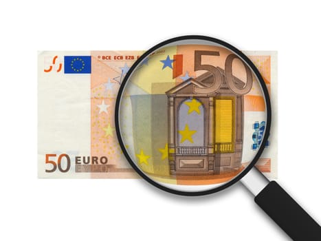 50 Euro Bill with magnifying glass on white background.