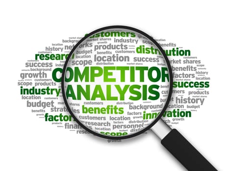 Magnified illustration with the word Competitor Analysis on white background.