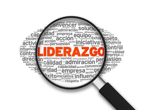 Magnified illustration with the word Liderazgo on white background.