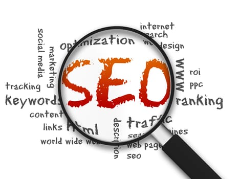 Magnified illustration with the word SEOon white background.