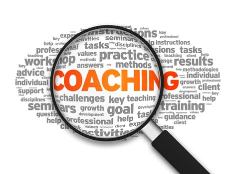 Magnified illustration with the word Coaching on white background.