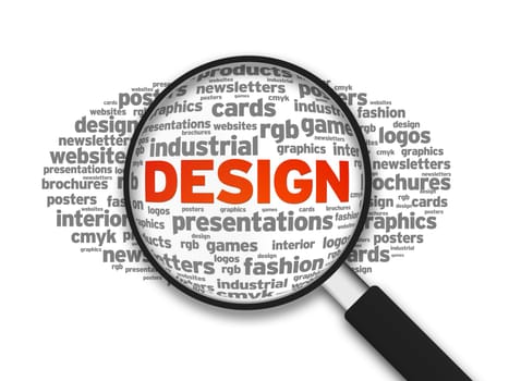 Magnifying glass zooming in on a Design word Cloud.