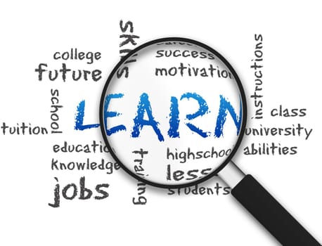 Magnified illustration with the word Learn on white background.