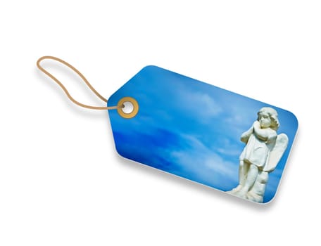 Angel Praying price tag with blue sky background.