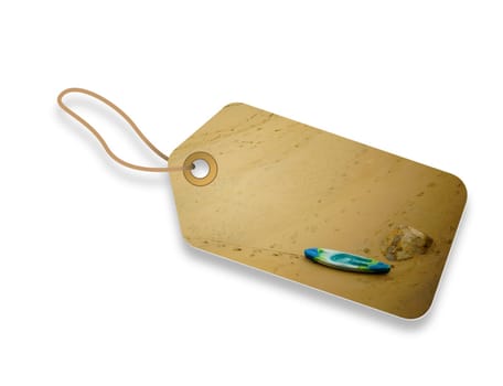 Promotional price tag of a canoe stranded on a beach.