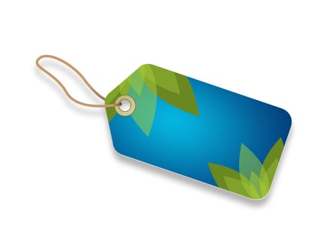 Blue price tag with green leafs on white background.