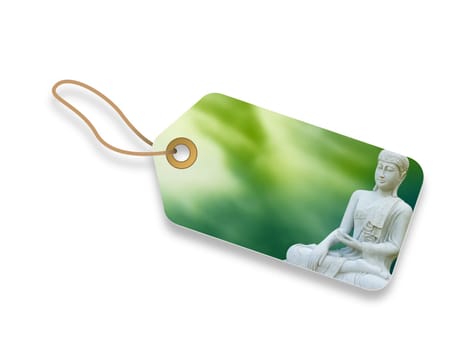 Buddha Gautama price tag with green background.