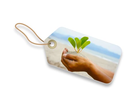Environmental friendly label of a hand holding a plant.