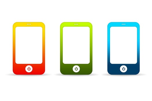 High resolution graphic of colorful mobile phones on white background.