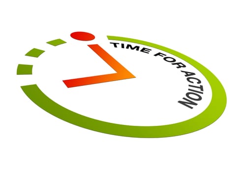 High resolution perspective graphic of a clock with words time for action.