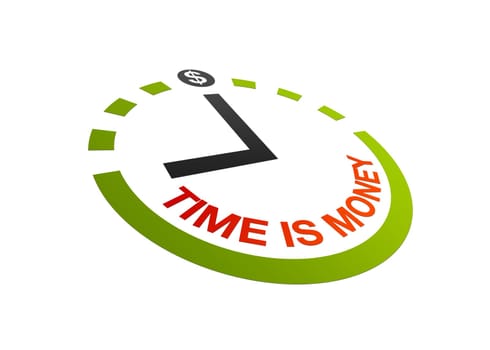 High resolution perspective graphic of a clock with words time is money.