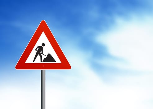 Road Construction Ahead Sign on Cloud Background