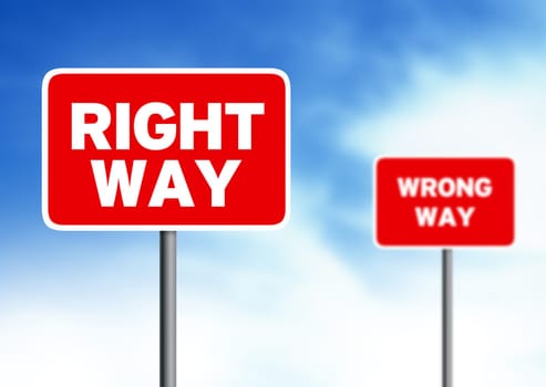 Red right way and wrong way street sign on cloud background.