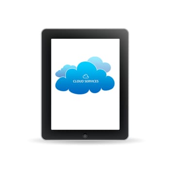 Tablet PC with cloud services icons on white background.