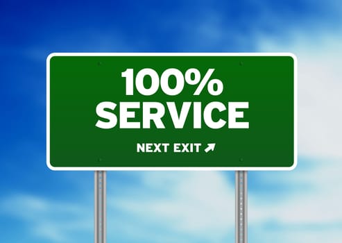 Green 100% Service highway sign on Cloud Background.
