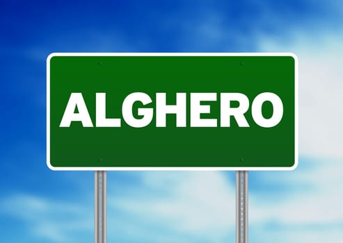 Green Alghero, Italy road sign on Cloud Background.