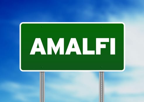 Green Amalfi, Italy road sign on Cloud Background.