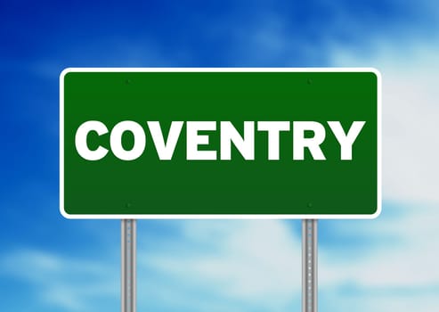 Green Coventry, England highway sign on Cloud Background.