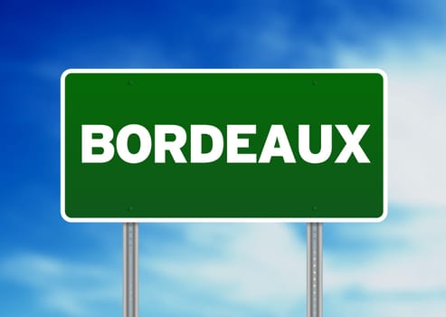 Green Bordeaux, France highway sign on Cloud Background.
