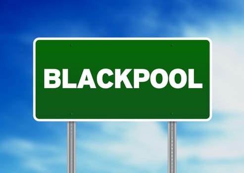Green Blackpool, England highway sign on Cloud Background.