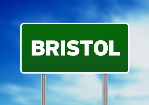 Green Bristol, England highway sign on Cloud Background.