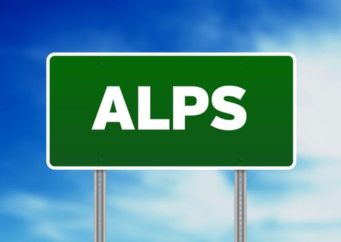 Green Alps highway sign on Cloud Background.